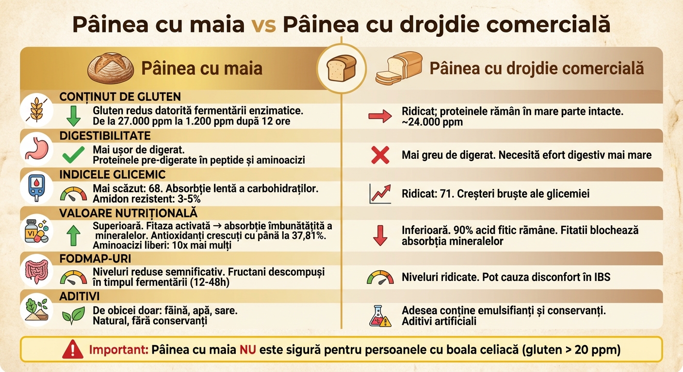 Comparație vizuală între pâinea cu maia fermentată natural și pâinea cu drojdie comercială: diferențe de gluten, digestibilitate și valoare nutrițională