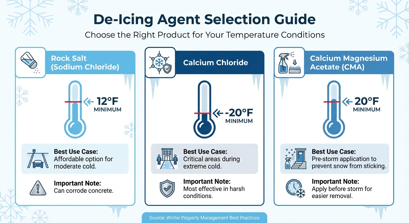 Comparison chart of winter de-icing agents showing effective temperatures and recommended use cases