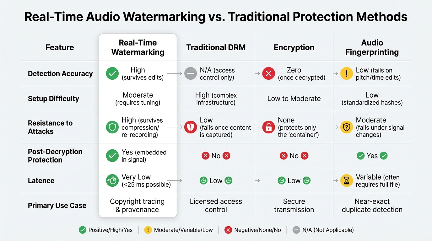 Real-Time Audio Watermarking vs Traditional Protection Methods Comparison