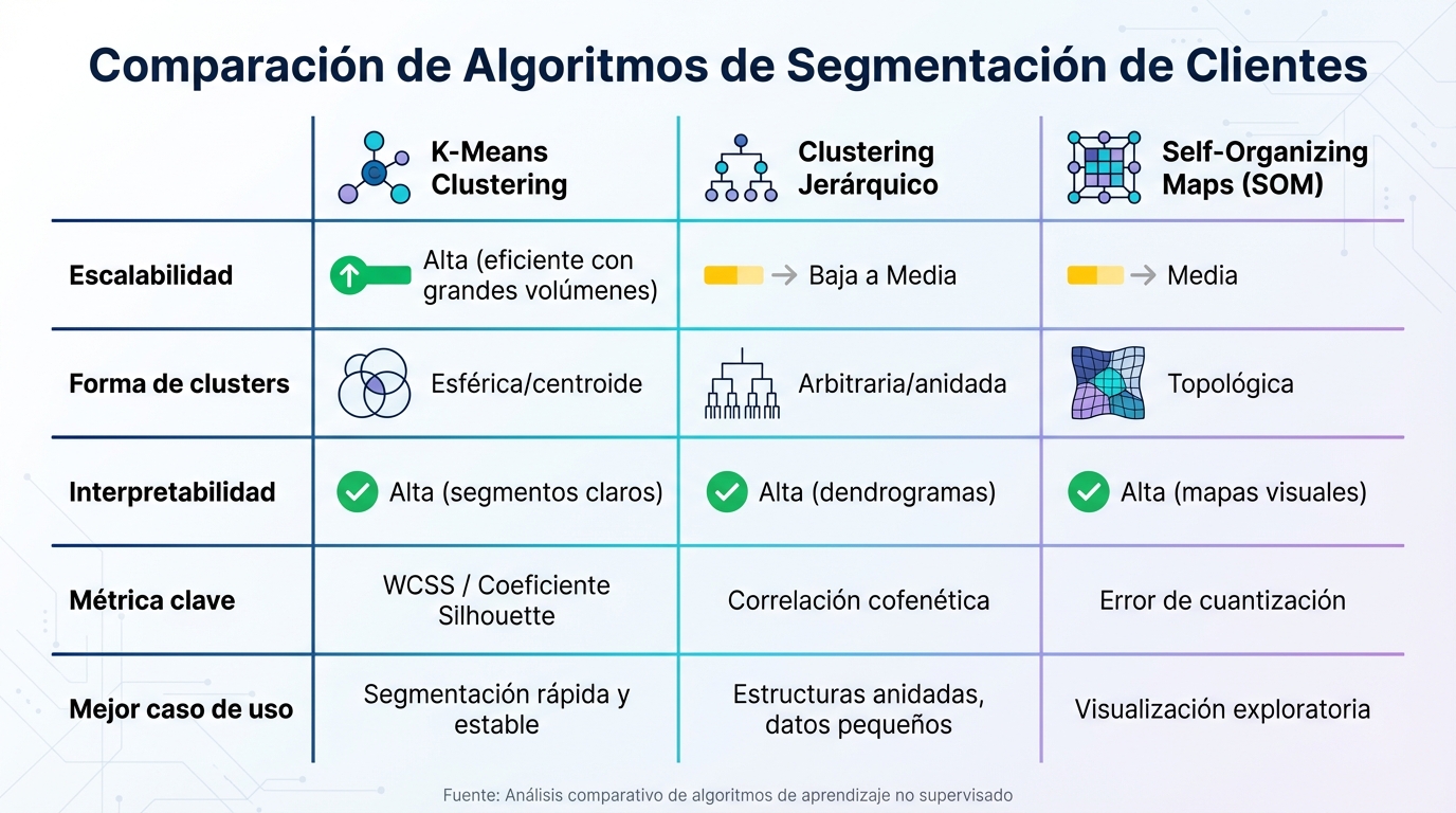 Comparación de algoritmos de segmentación: K-Means vs Clustering Jerárquico vs SOM