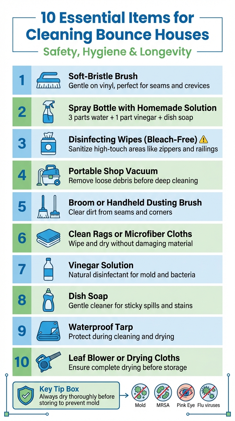 10 Essential Tools for Cleaning Bounce Houses Infographic