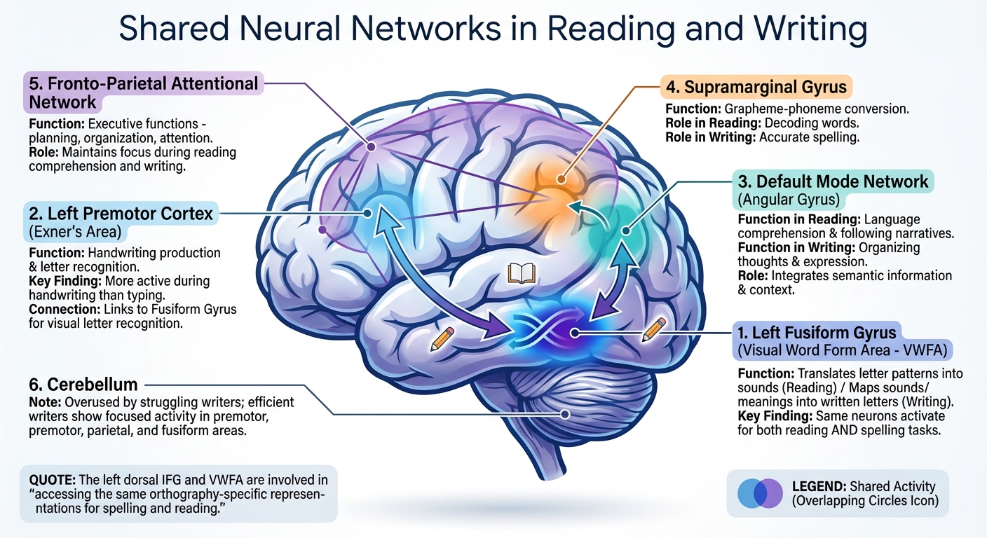 Shared Neural Networks in Reading and Writing: Brain Regions and Their Functions