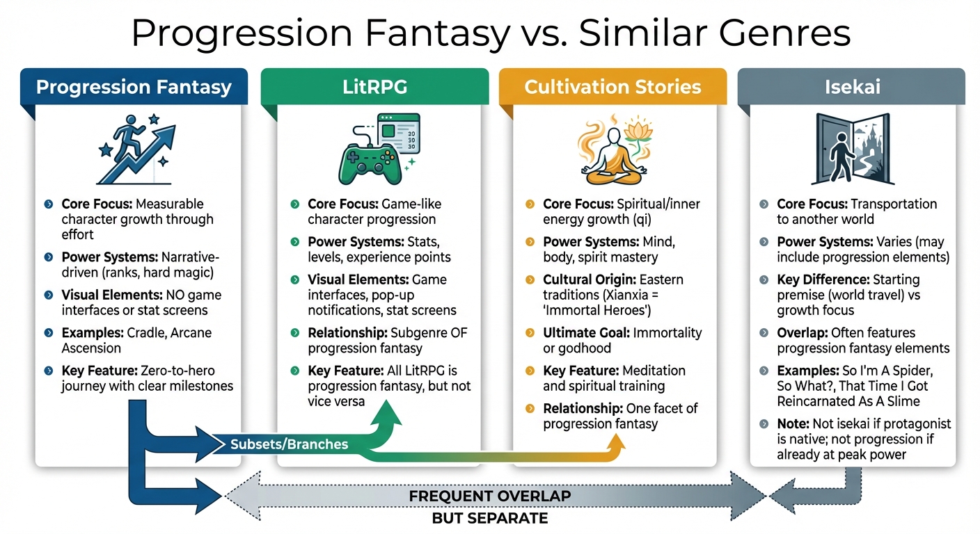 Progression Fantasy vs LitRPG vs Cultivation vs Isekai Genre Comparison
