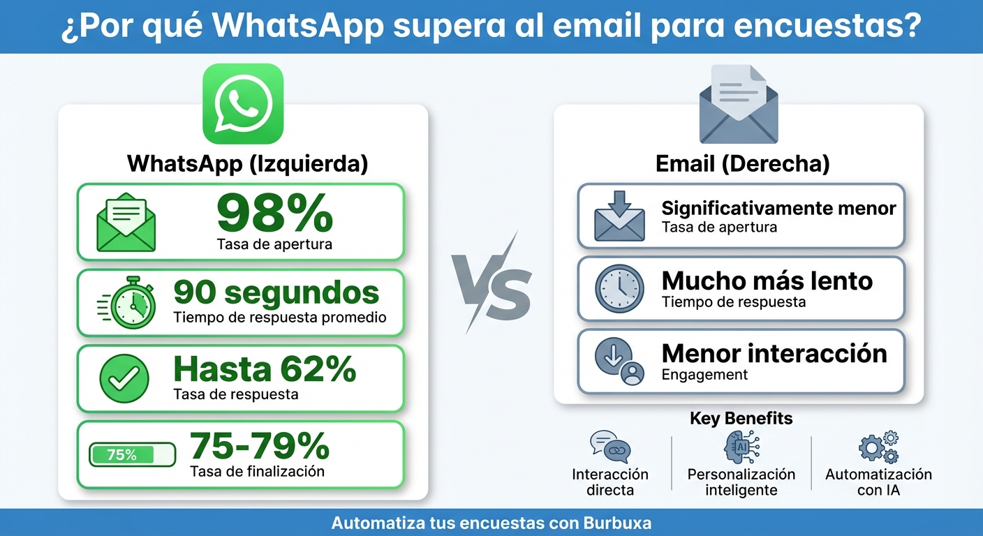 Estadísticas clave de encuestas automatizadas en WhatsApp vs email