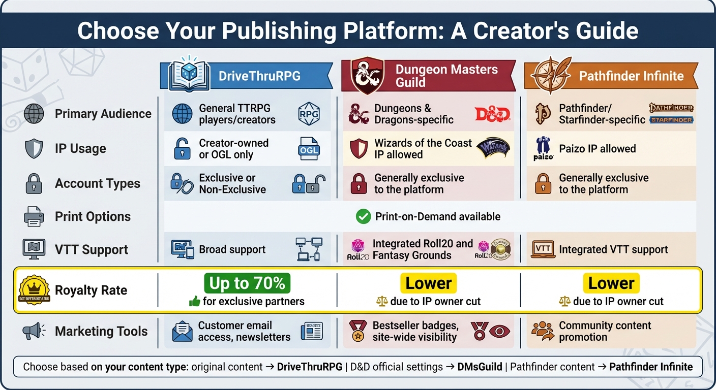 TTRPG Publishing Platform Comparison: DriveThruRPG vs Dungeon Masters Guild vs Pathfinder Infinite