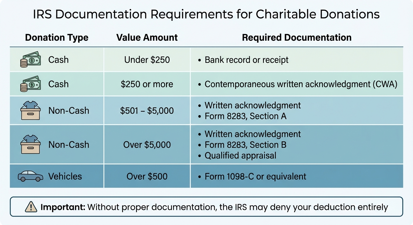 IRS Documentation Requirements for Charitable Donations by Value and Type