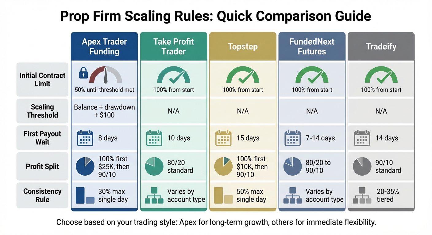 Prop Firm Scaling Rules Comparison: Contract Limits, Payouts, and Profit Splits