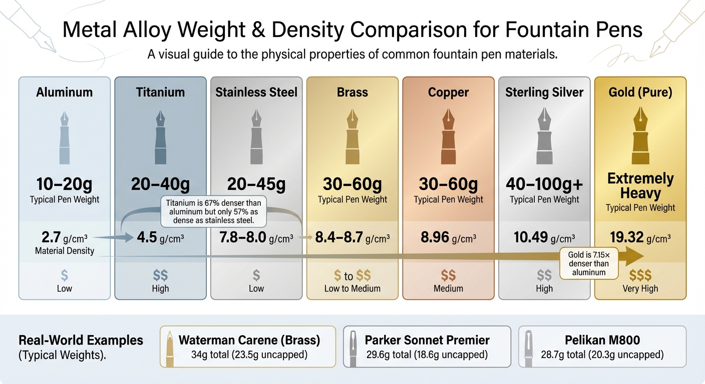 Fountain Pen Metal Alloys Weight and Density Comparison Chart