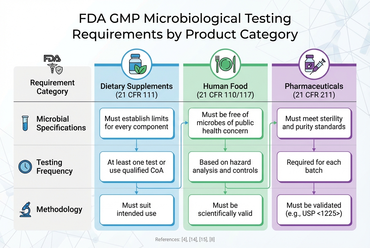 FDA GMP Microbiological Testing Requirements Comparison Table