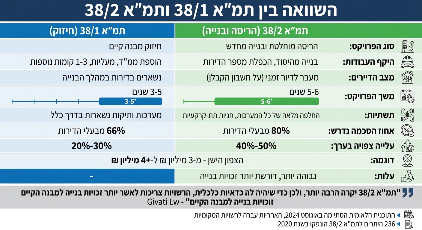 השוואה בין תמ״א 38/1 לתמ״א 38/2: מסלולים, עלויות ותשואות