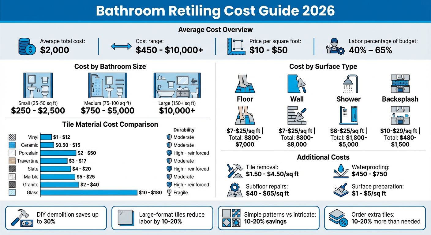 Bathroom Retiling Cost Breakdown by Size, Materials, and Surface Type 2026