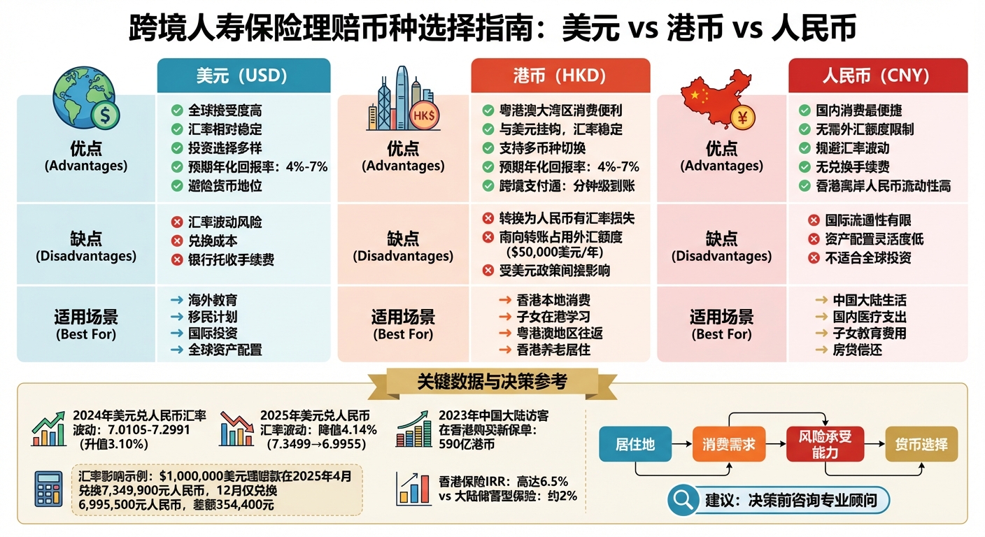 跨境寿险理赔货币对比：美元、港币、人民币优缺点分析