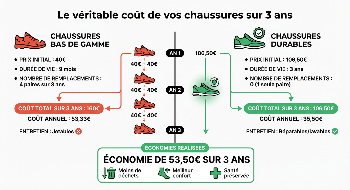 Comparaison coût réel : chaussures bas de gamme vs durables sur 3 ans