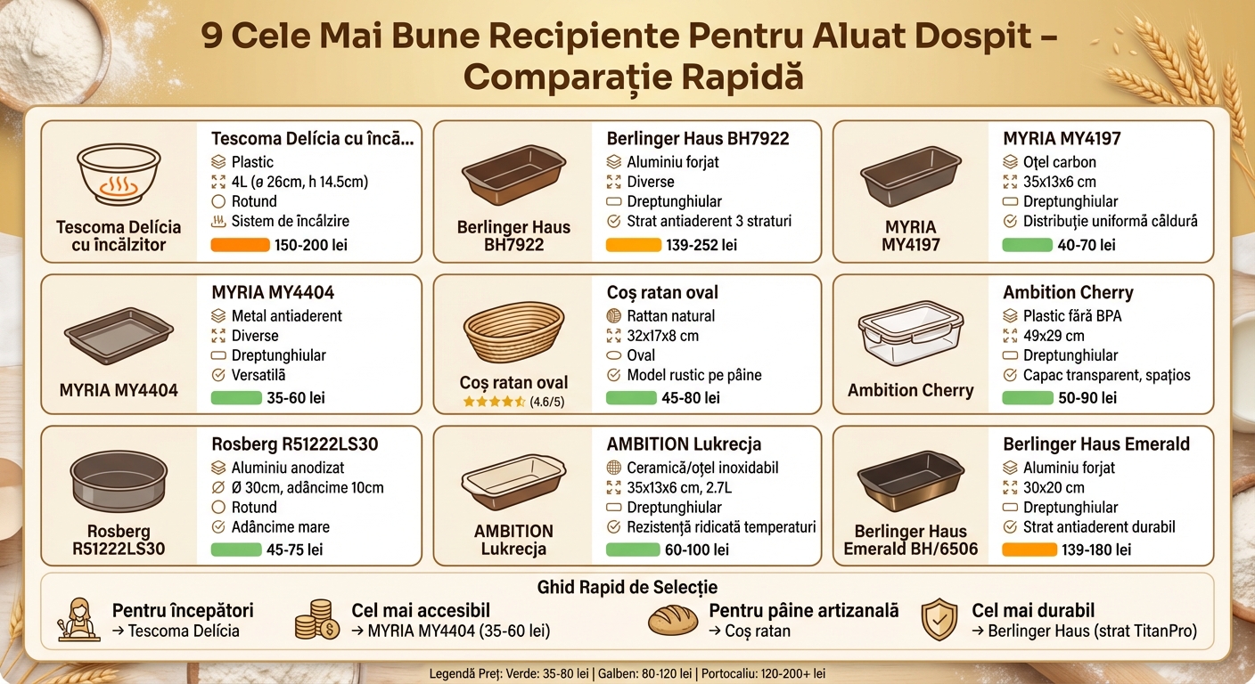 Comparație recipiente pentru aluat dospit: coșuri ratan, boluri, containere