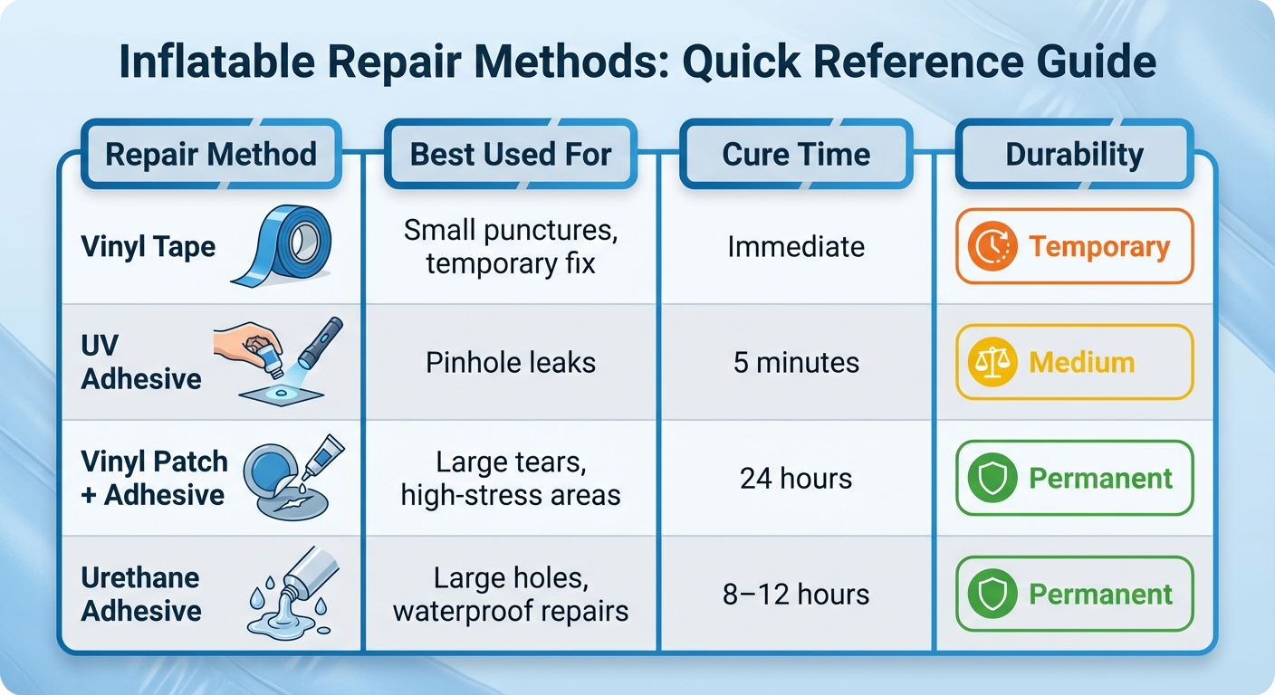 Inflatable Repair Methods Comparison Chart