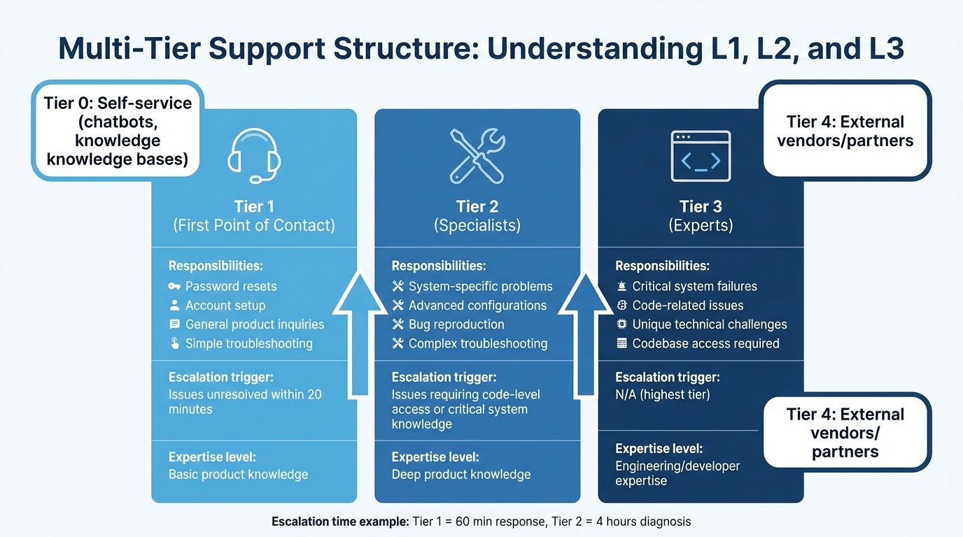 Multi-Tier Support Structure: L1, L2, and L3 Responsibilities Comparison