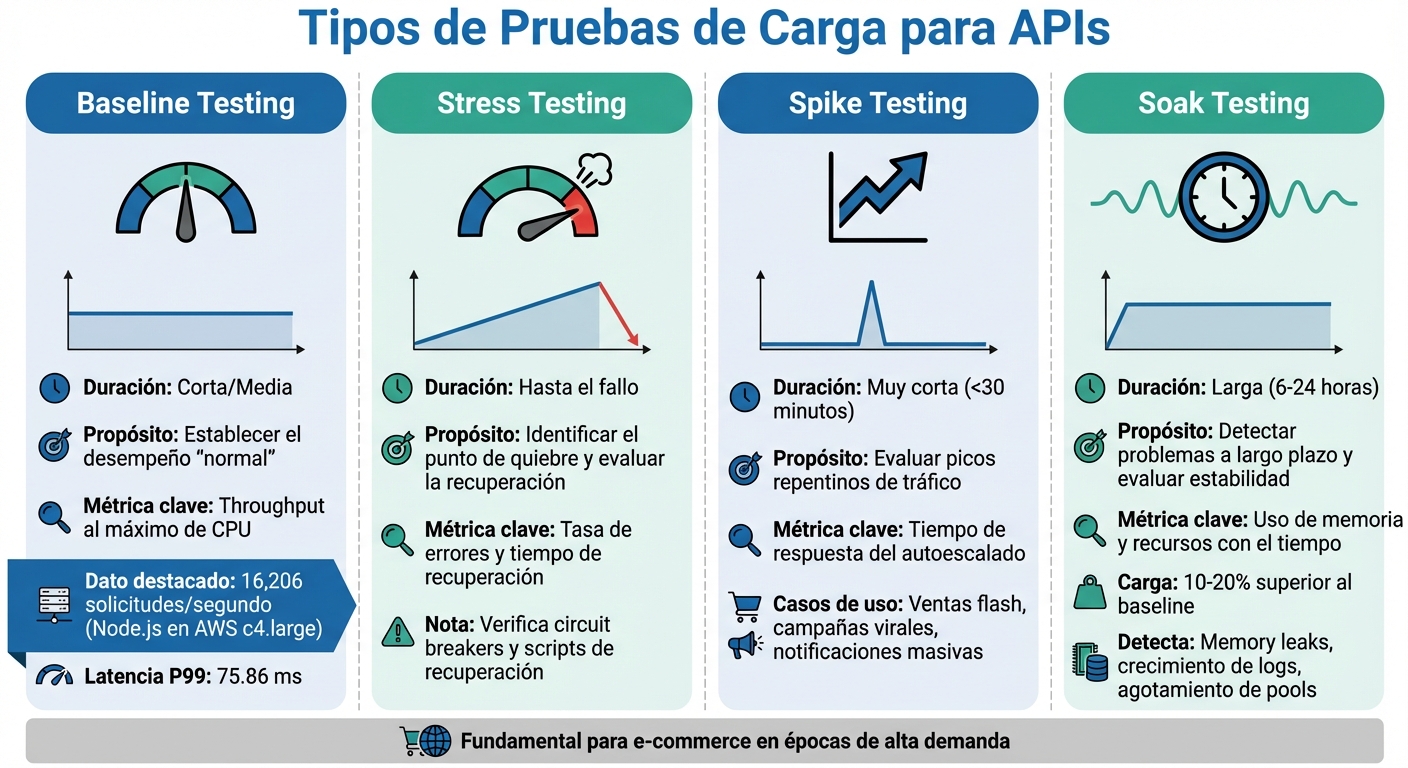 Comparación de tipos de pruebas de carga para APIs: Baseline, Stress, Spike y Soak