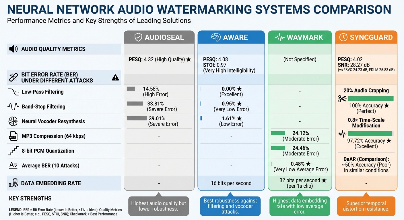 Neural Network Audio Watermarking Performance Comparison: AWARE vs WavMark vs SyncGuard