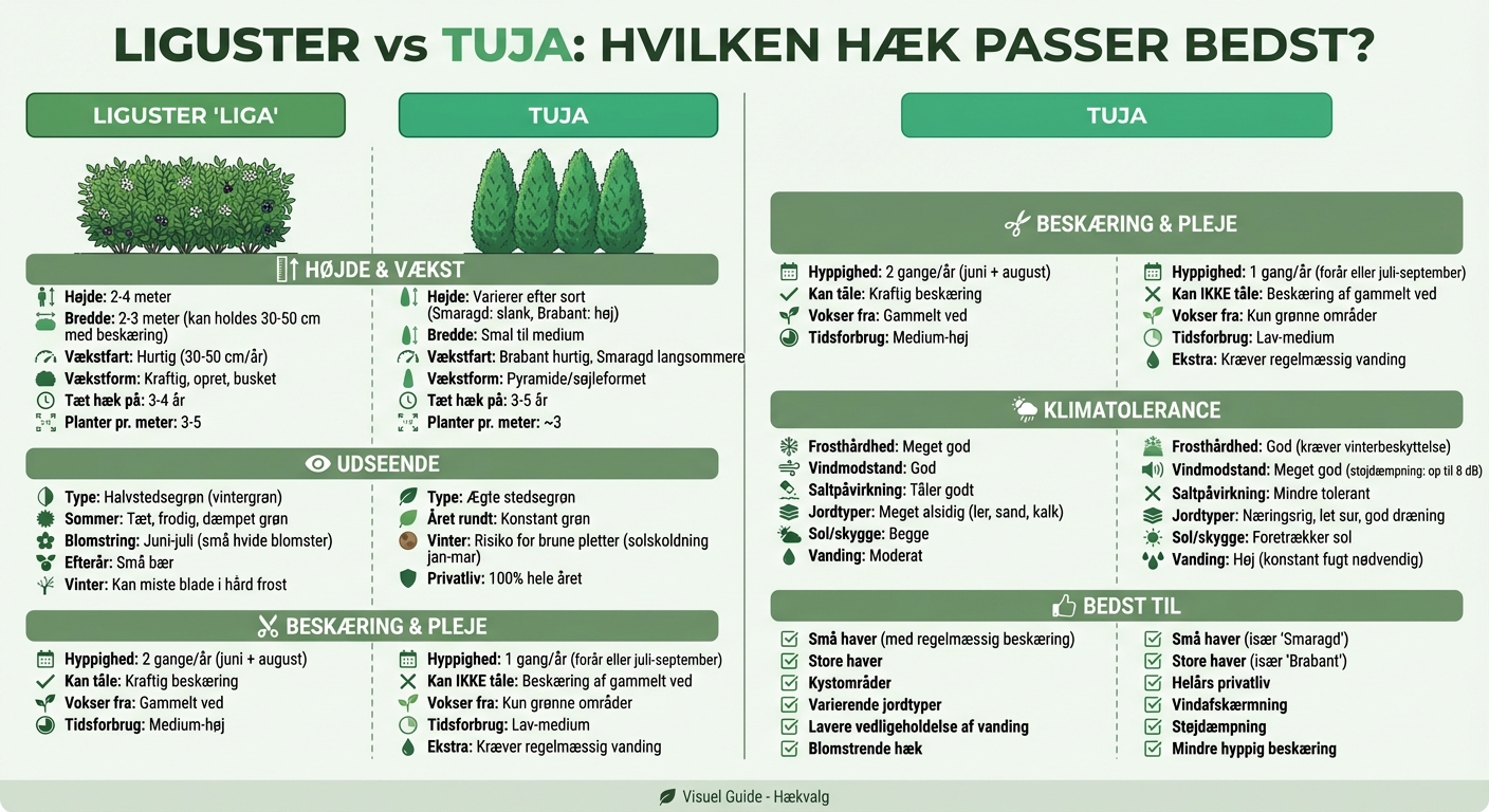 Liguster vs Tuja sammenligning: højde, vækst, pleje og klimatolerance
