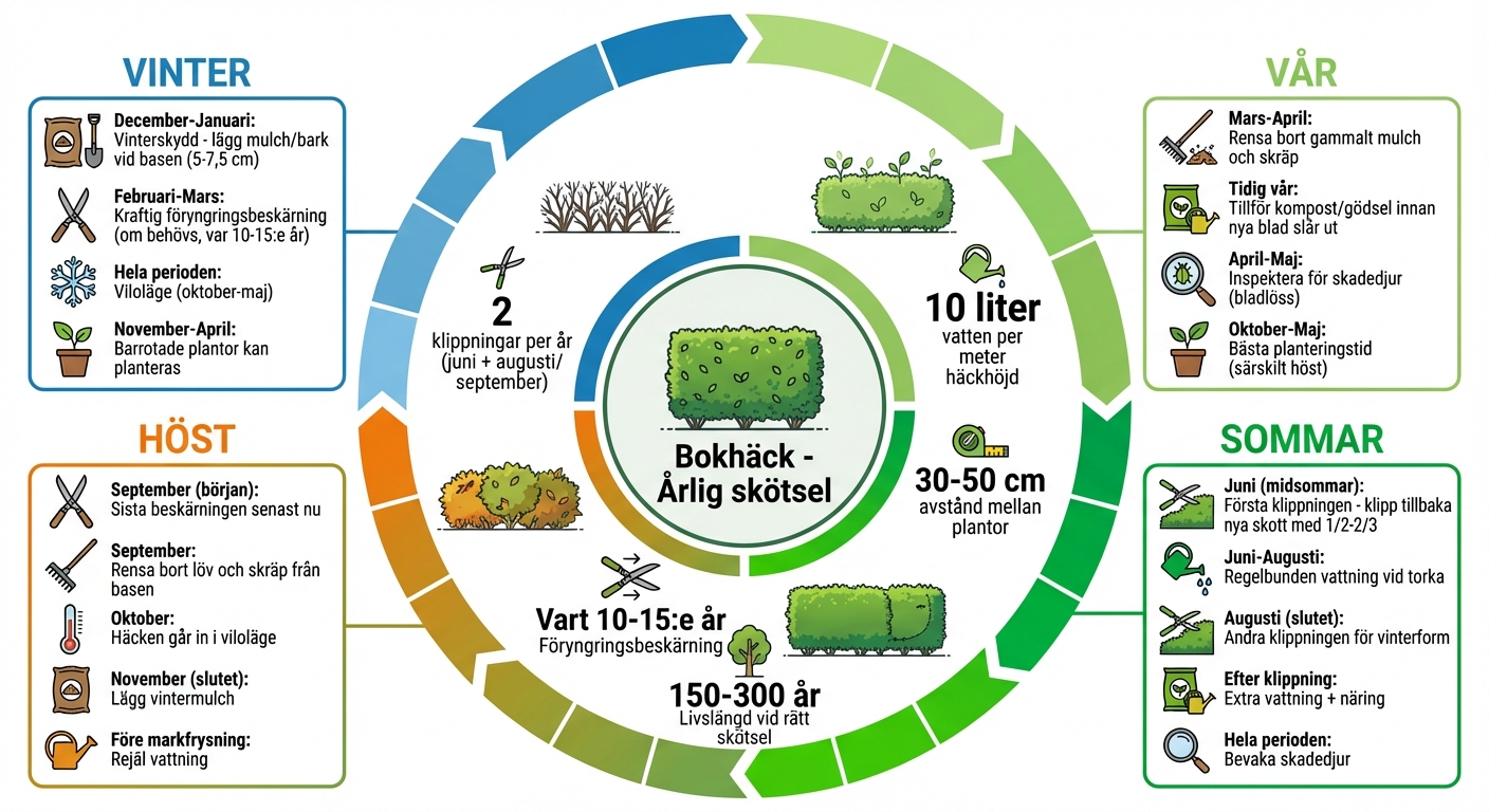Årlig skötselkalender för bokhäckar - månad för månad guide