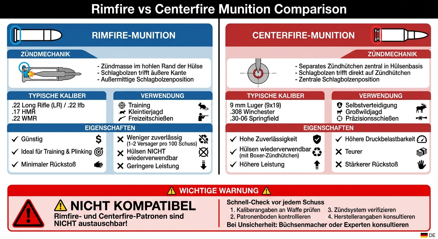 Rimfire vs Centerfire Munition: Hauptunterschiede und Kompatibilität