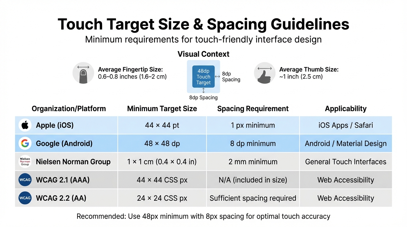 Touch Target Size Guidelines by Platform and Organization