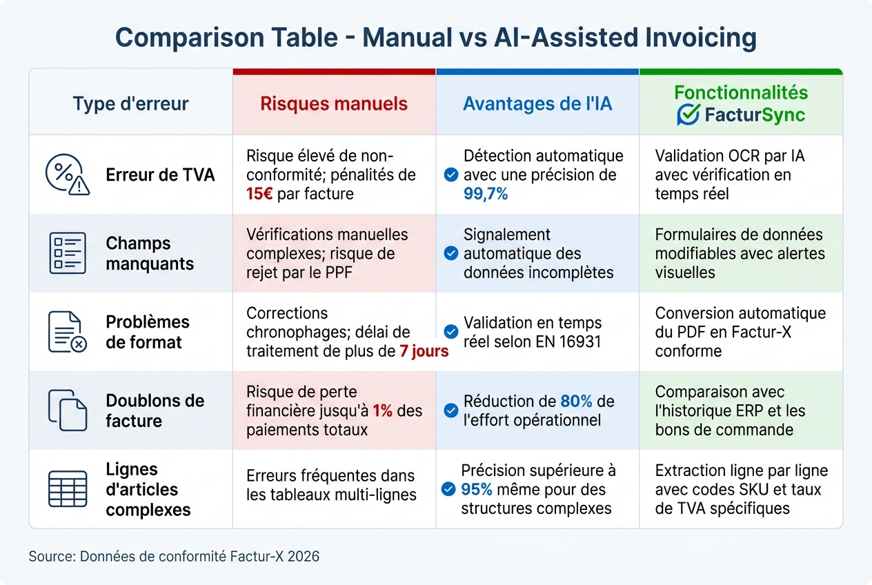 Facturation manuelle vs IA : comparaison des erreurs et solutions