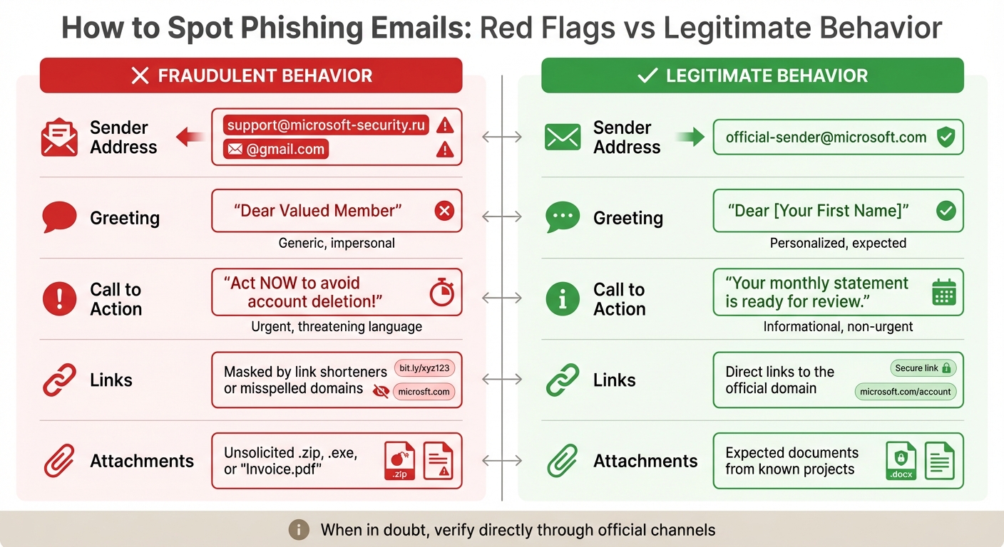 Phishing Email Red Flags: Fraudulent vs Legitimate Behavior Comparison
