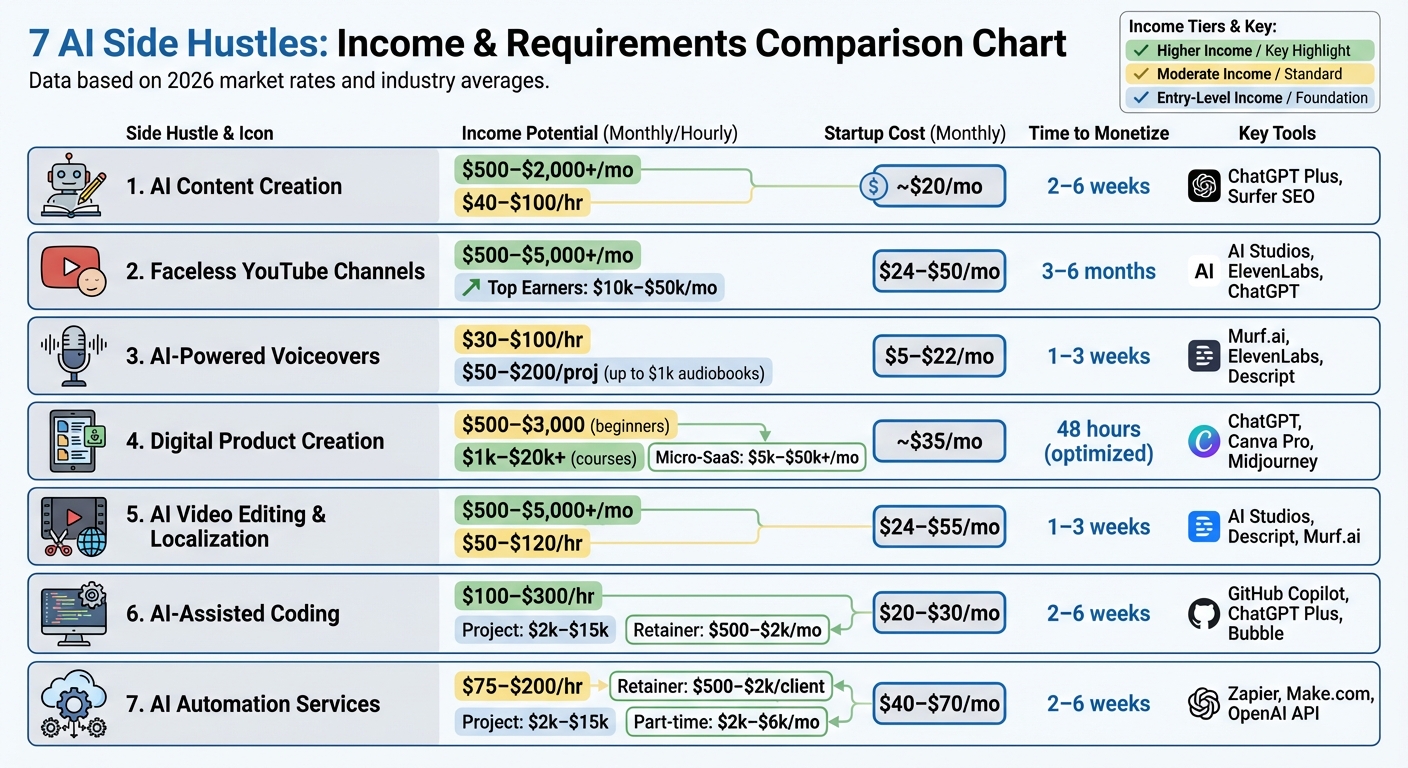 7 AI Side Hustles Income Comparison 2026