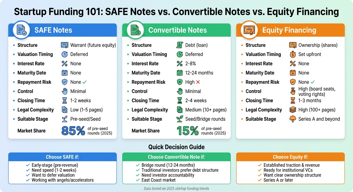 SAFE Notes vs Convertible Notes vs Equity Financing Comparison Chart