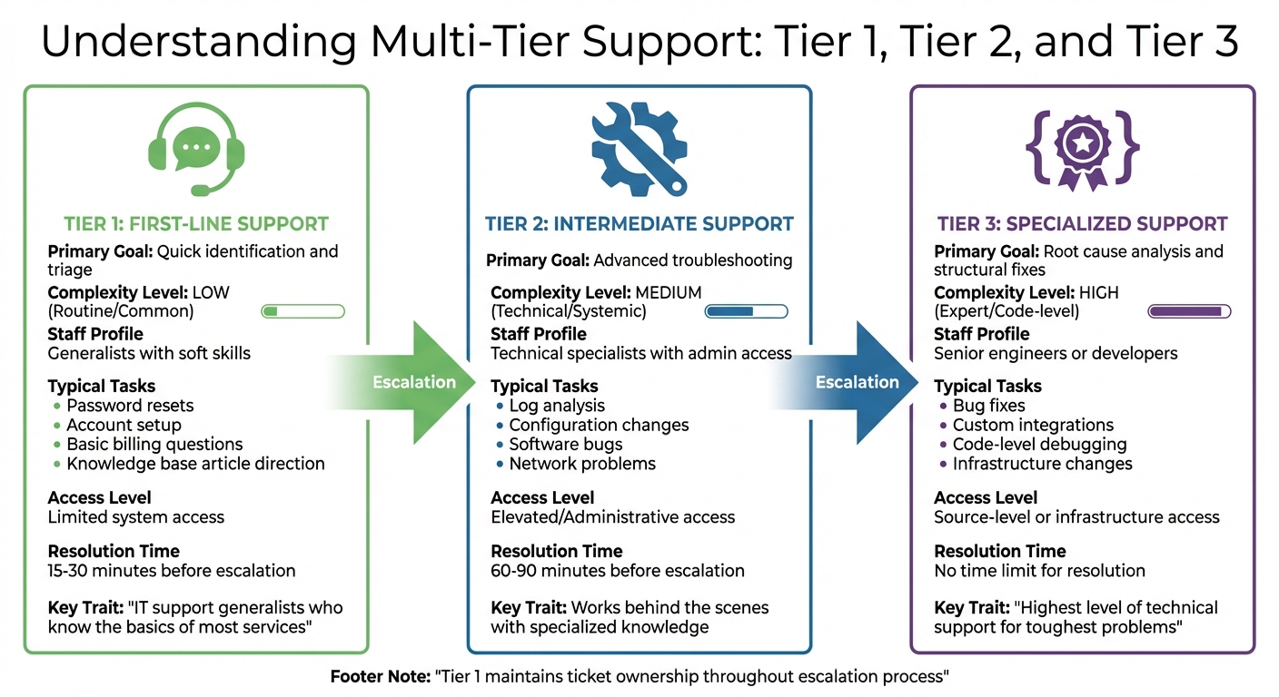 Tier 1 vs Tier 2 vs Tier 3 Support: Roles, Tasks, and Resolution Times