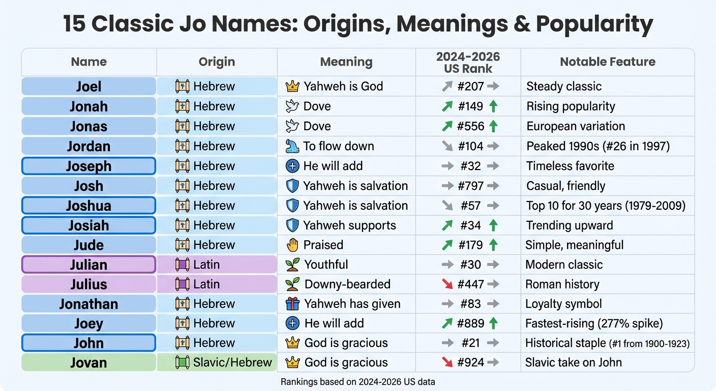 15 Classic Jo Names: Origins, Meanings & Popularity Rankings Comparison