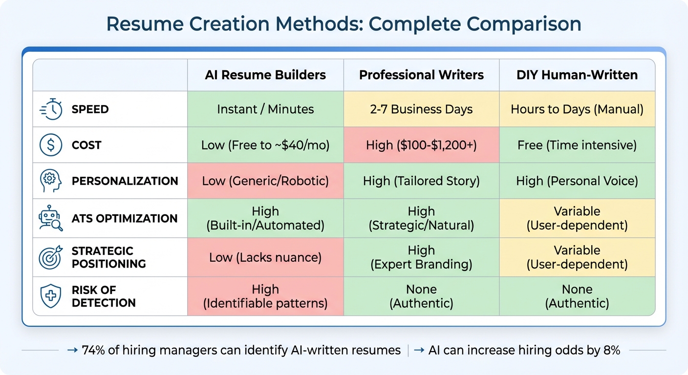 AI vs Professional vs DIY Resume Creation: Cost, Speed & Features Comparison