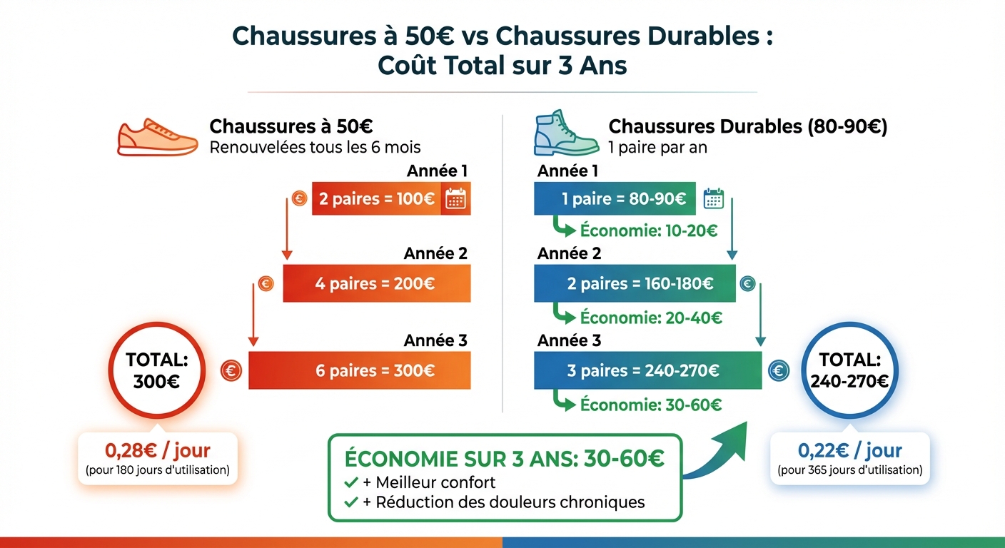 Comparaison coût chaussures 50€ vs durables sur 3 ans