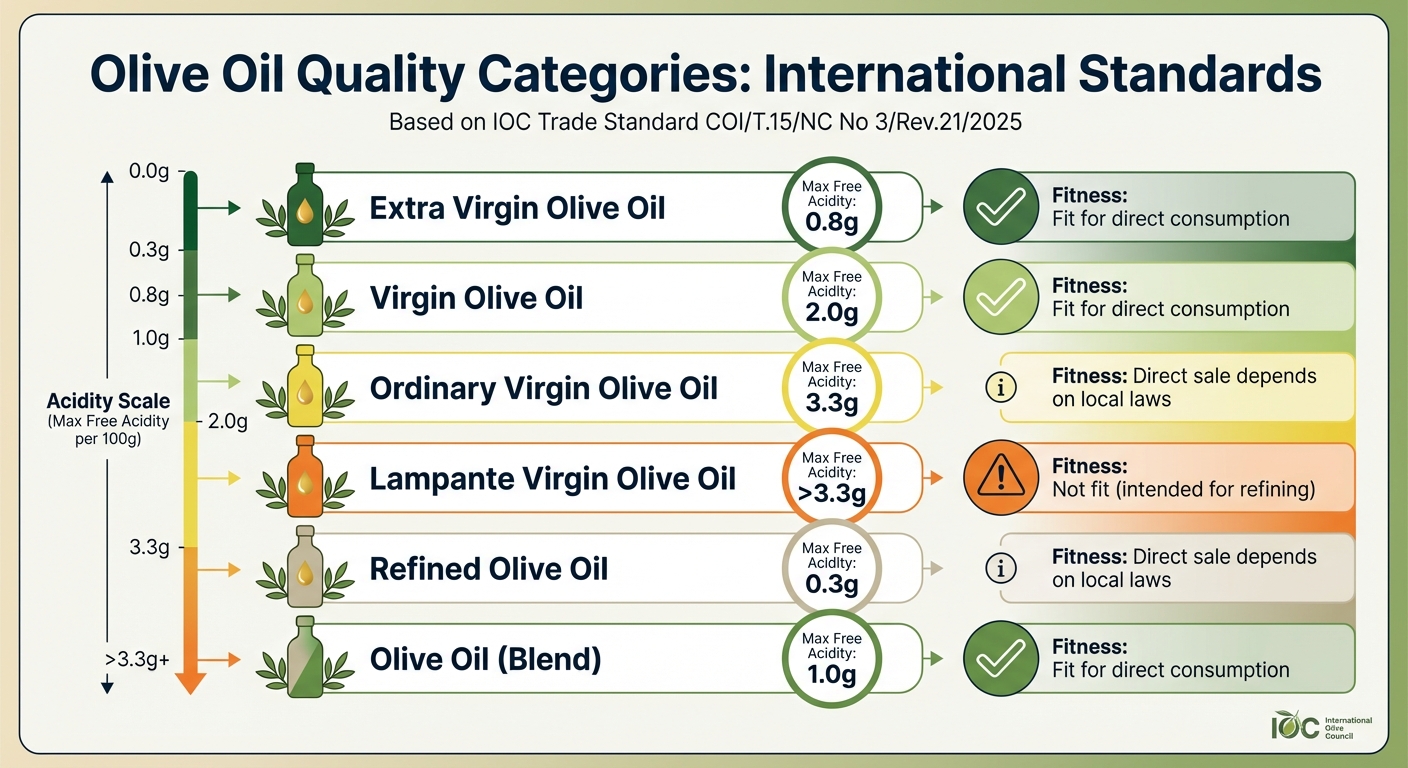 International Olive Oil Quality Standards and Acidity Levels by Category