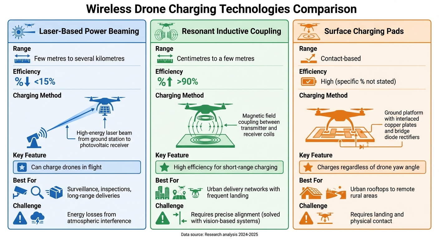 Comparison of Three Wireless Drone Charging Technologies