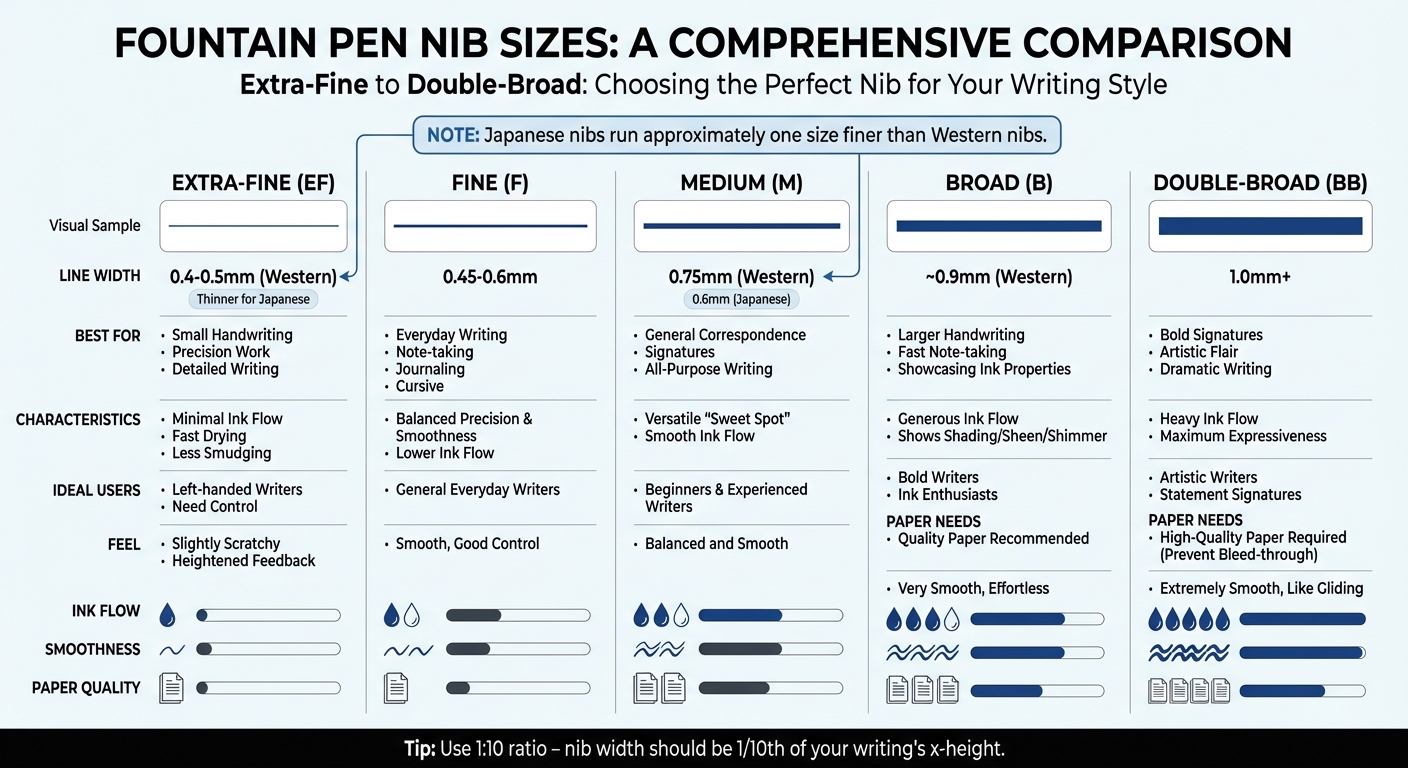 Fountain Pen Nib Size Comparison Guide: EF to BB Line Widths and Uses