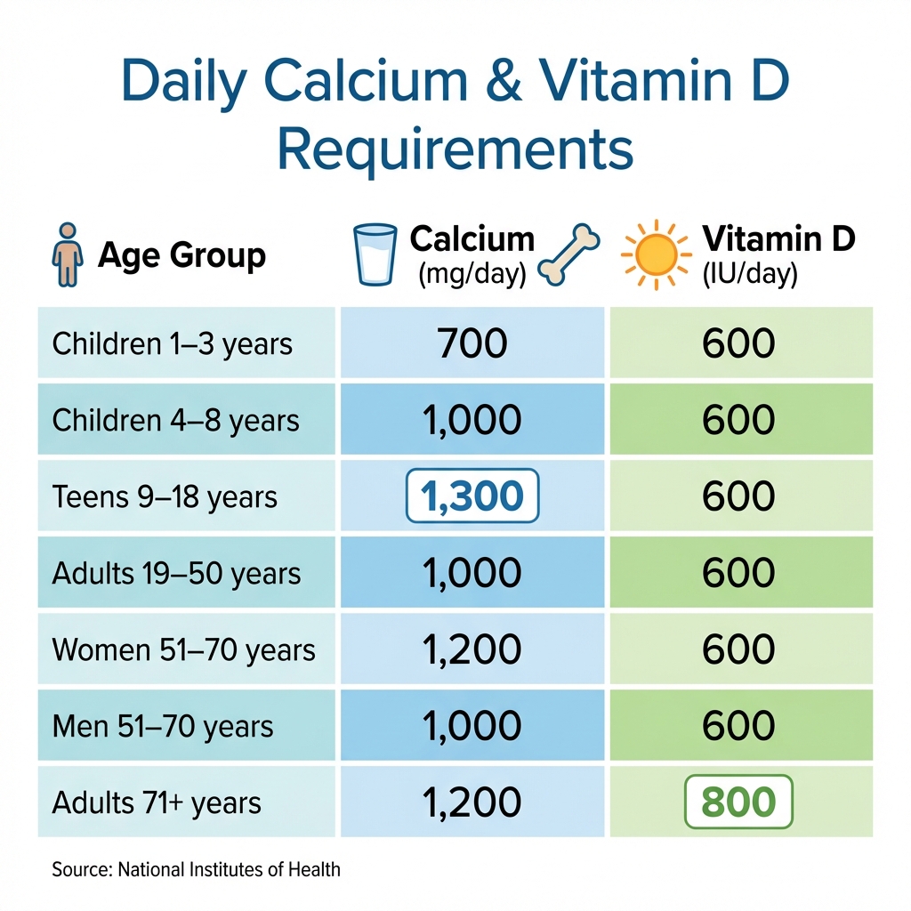 Daily Calcium and Vitamin D Requirements by Age Group