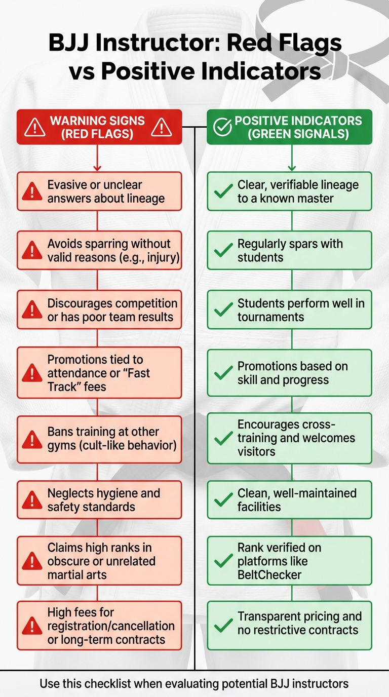BJJ Instructor Red Flags vs Positive Indicators Comparison Chart