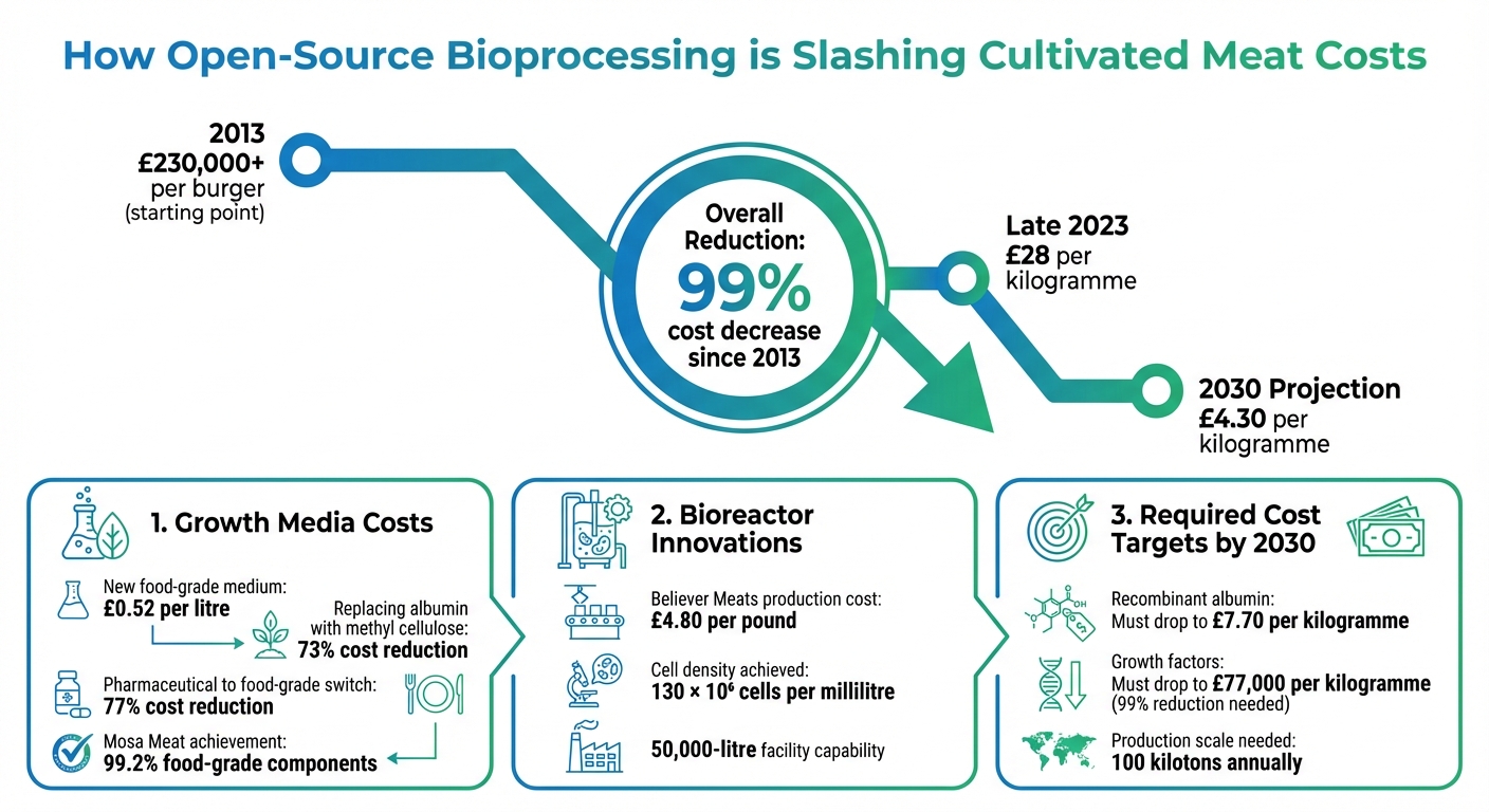 Cultivated Meat Cost Reduction Timeline: From £230,000 to £4.30 per kg (2013-2030)