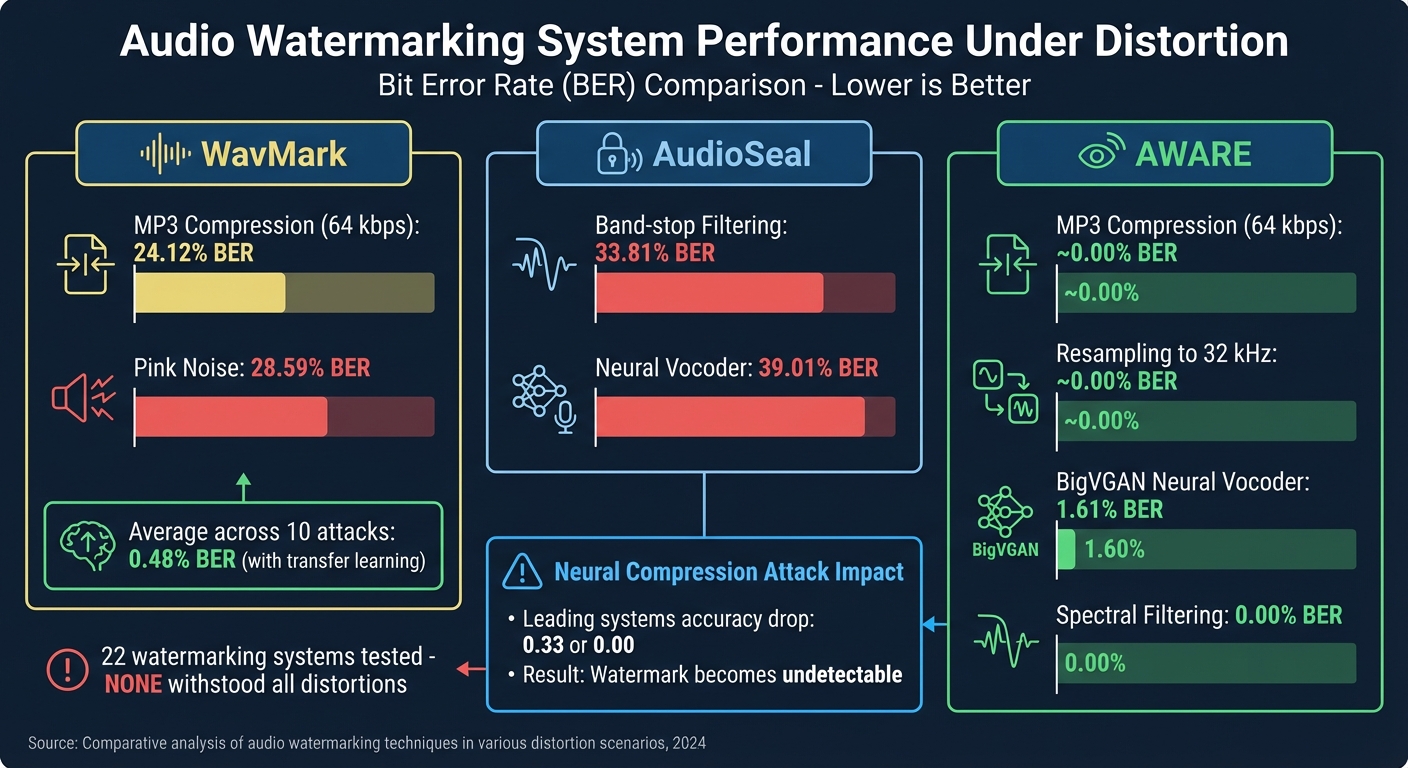 Audio Watermarking Performance: BER Comparison Across Distortion Types