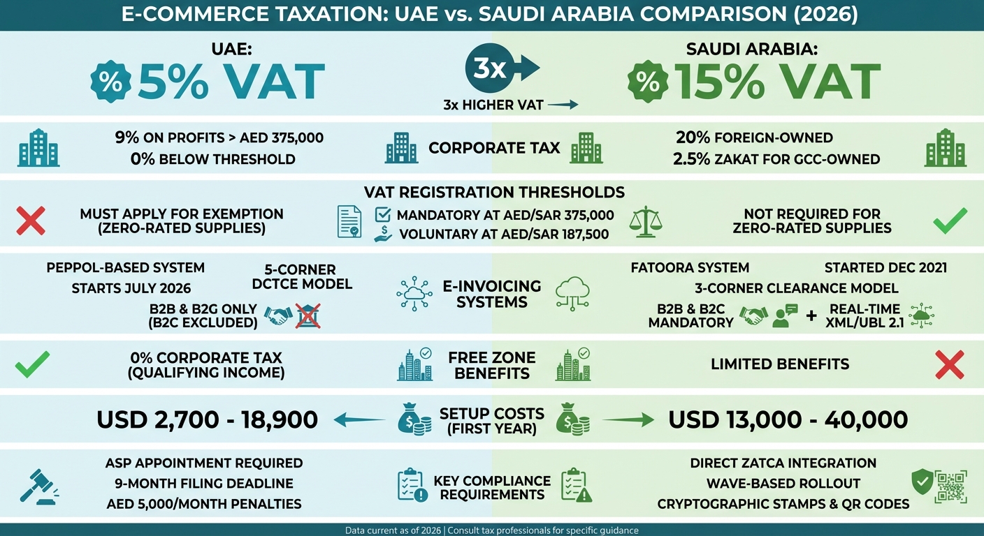 UAE vs Saudi Arabia E-Commerce Tax Comparison: VAT, Corporate Tax, and E-Invoicing Requirements