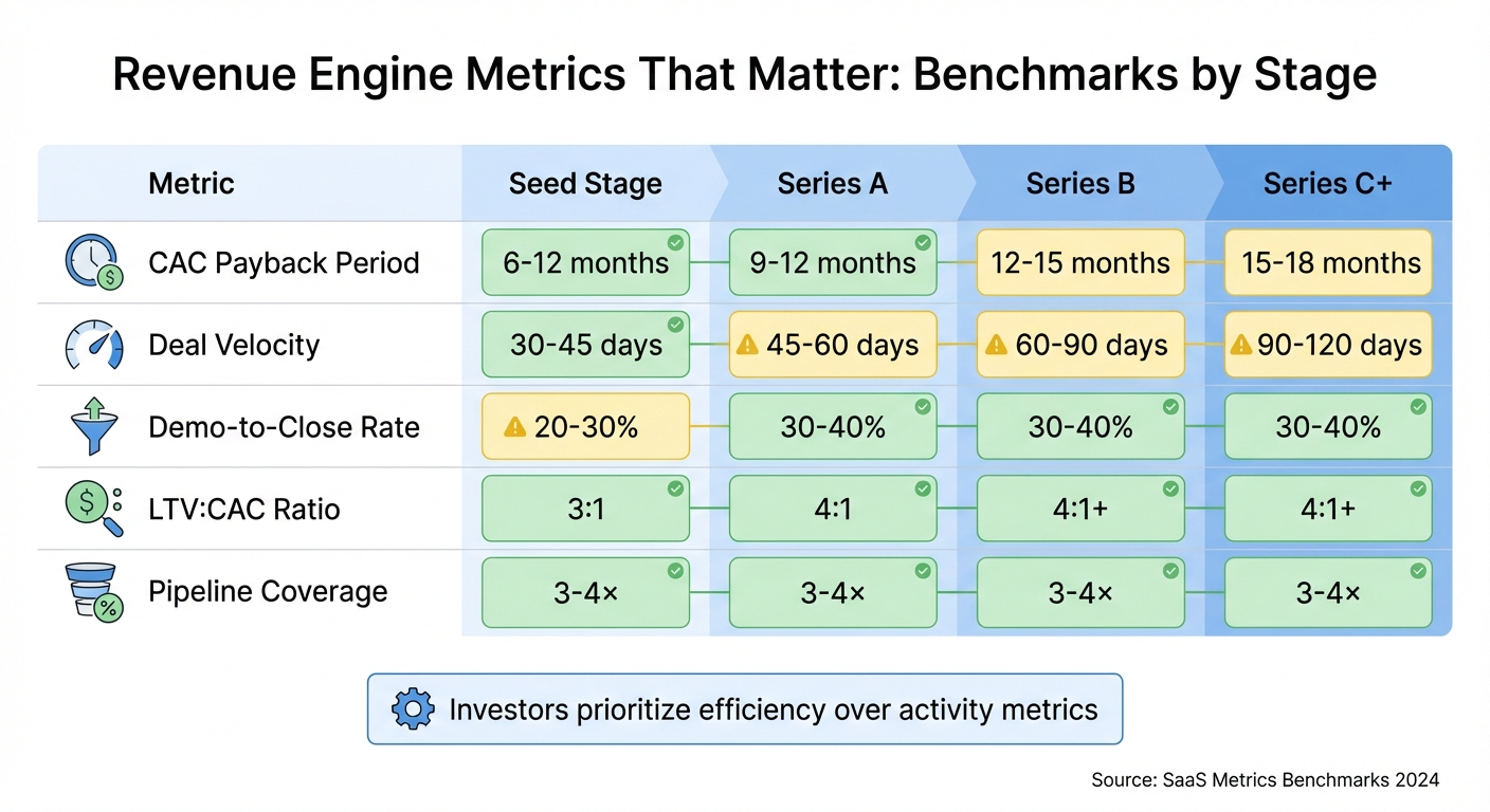 Revenue Engine Metrics That Matter: CAC Payback, Deal Velocity, and Close Rate Benchmarks 1 SaaS Revenue Metrics Benchmarks by Funding Stage