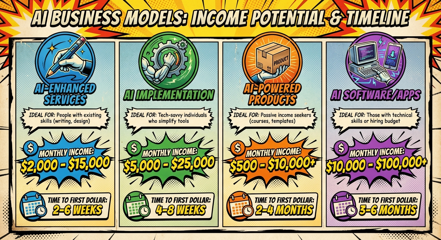 AI Business Models Comparison: Income Potential and Timeline to First Revenue