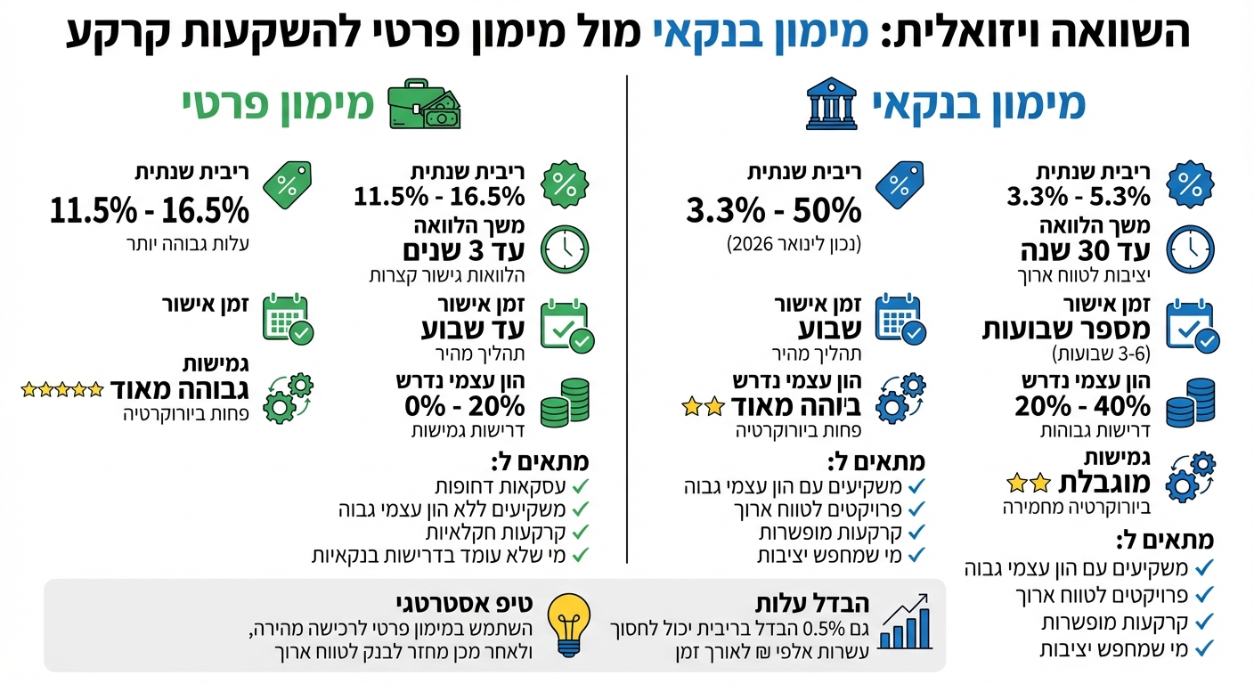 השוואה בין מימון בנקאי למימון פרטי להשקעות בקרקע