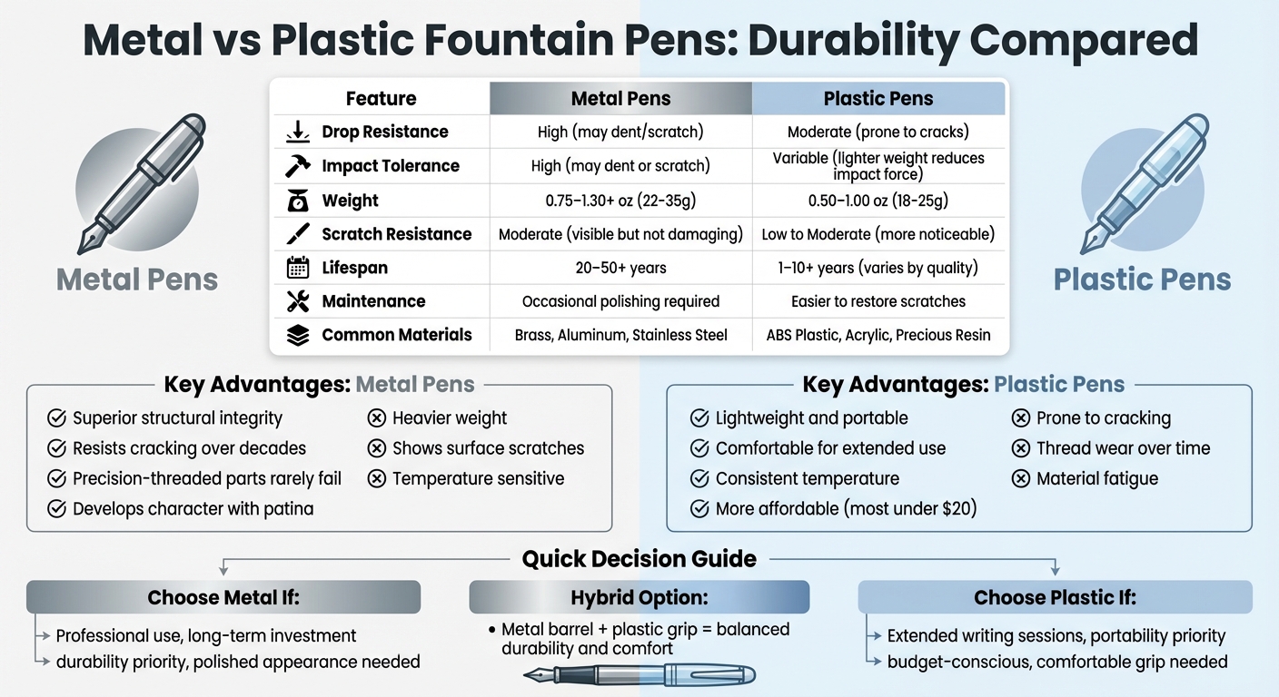Metal vs Plastic Fountain Pens Durability Comparison Chart