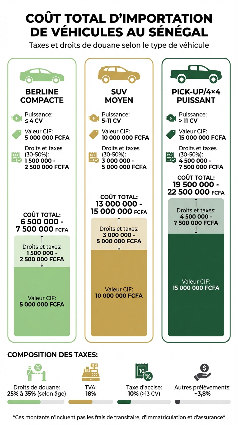 Calcul des taxes d'importation de véhicules au Sénégal par type