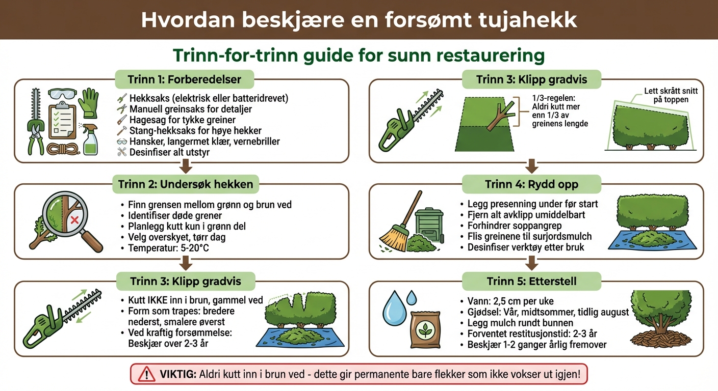 Trinnvis guide til beskjæring av forsømt tujahekk