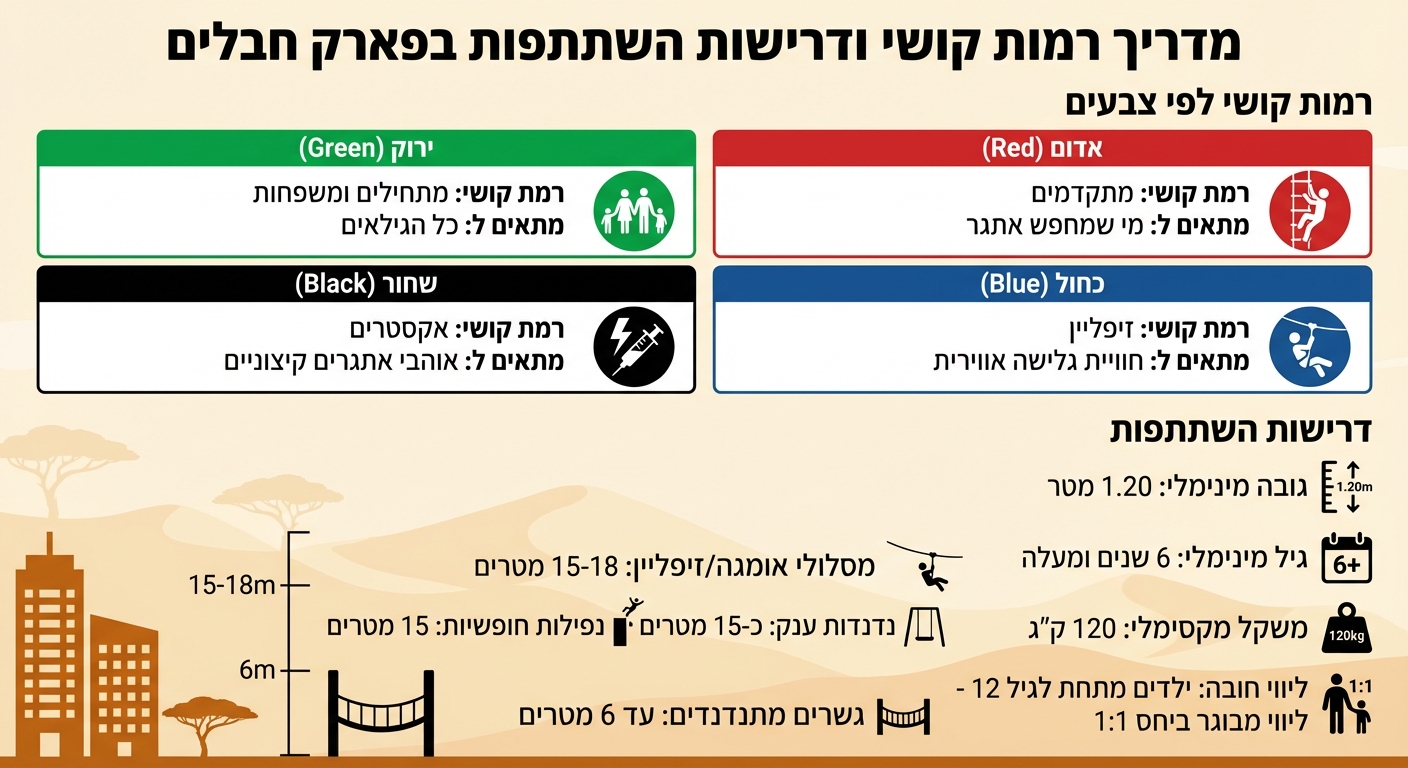 מדריך רמות קושי במסלולי חבלים - קידוד צבעים ודרישות השתתפות