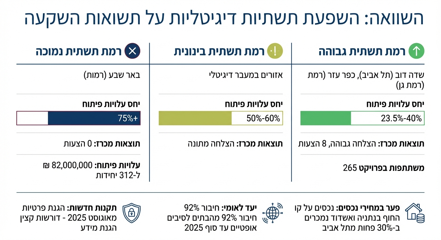 השוואת תשואות השקעה בקרקע לפי רמת תשתית דיגיטלית ברשויות מקומיות